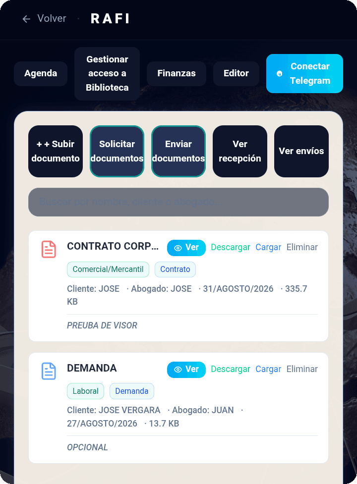 Biblioteca de documentos de la firma en RAFI, con envío y solicitud de archivos